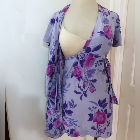 Vintage Silk Wrap Knotted Floral Purple and Pink Print Dress - Picture 6 of 8